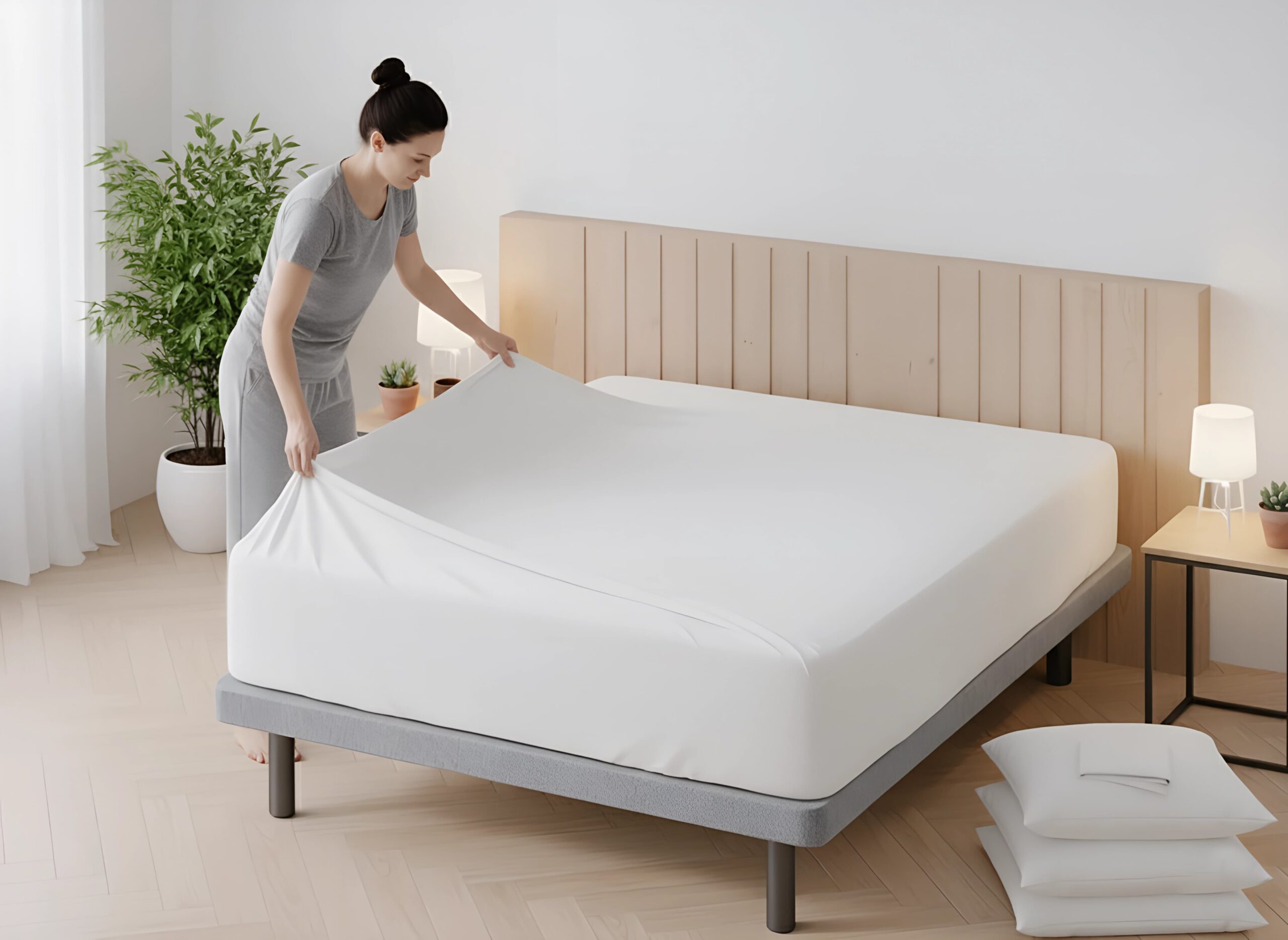 Mujer joven vistiendo la cama con un colchón de muelles ensacados Aissa de Moisury, destacando su facilidad de uso y comodidad diaria.