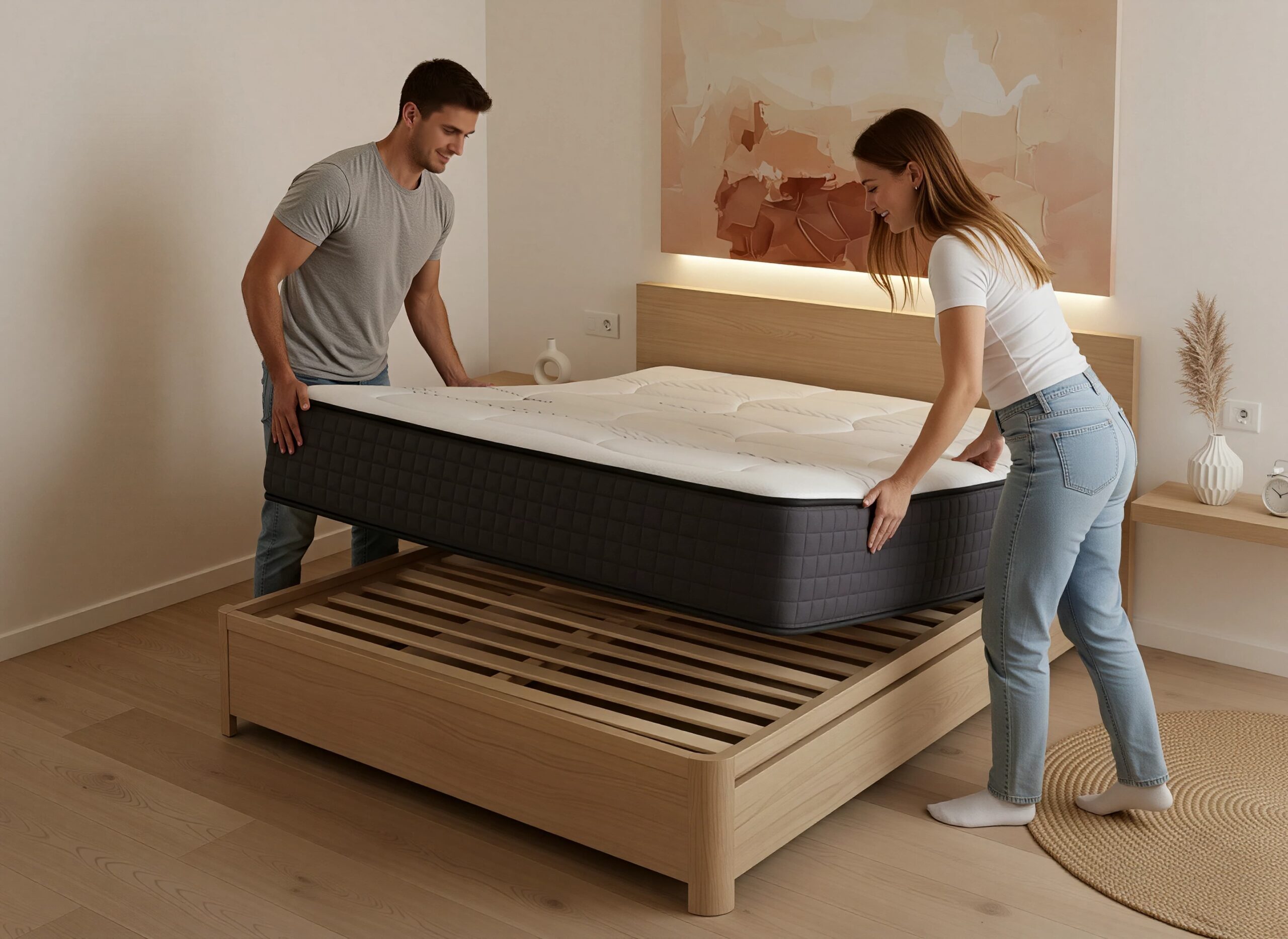 Pareja sonriendo mientras desembala y monta su nuevo colchón viscoelástico Grafeno de Moisury en su dormitorio.