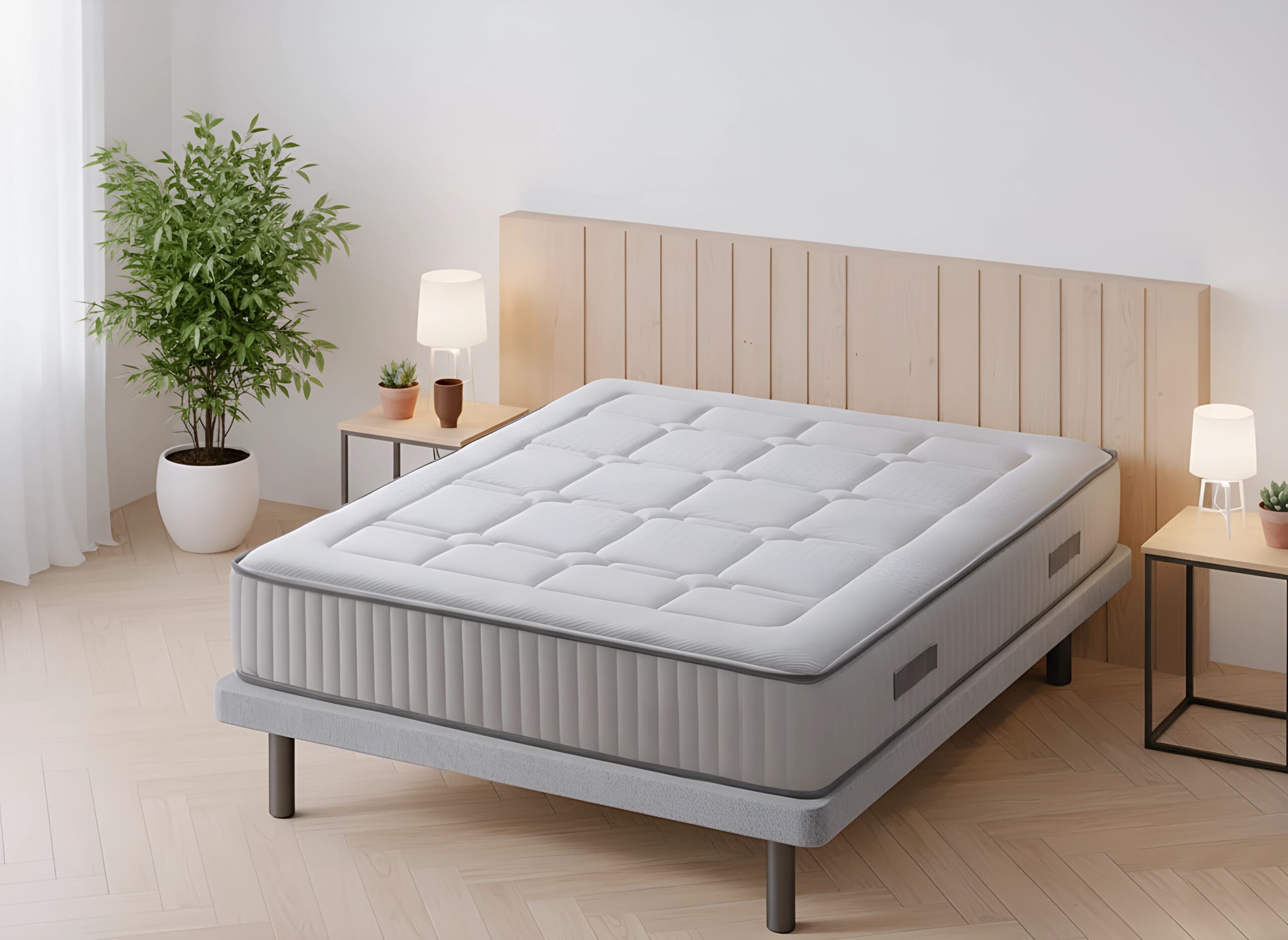 Colchón híbrido de muelles ensacados Aissa de Moisury en un dormitorio fresco y luminoso, diseñado para un descanso adaptable.
