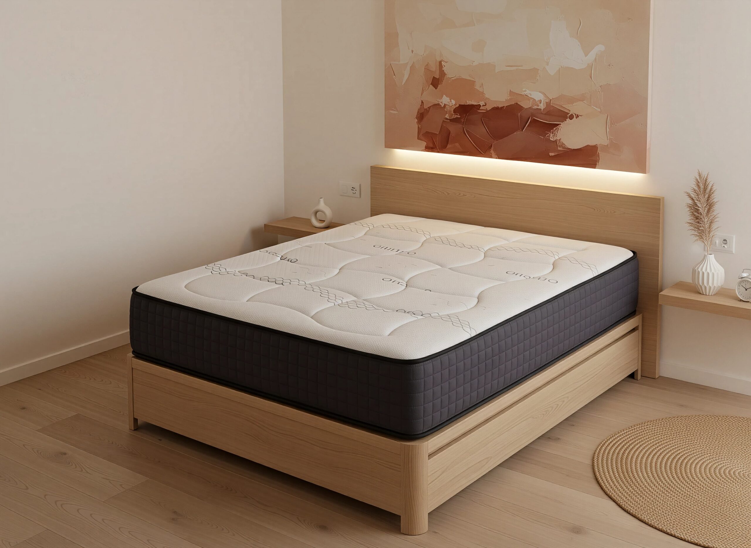 Colchón viscoelástico con tecnología de grafeno de Moisury en un dormitorio moderno, diseñado para un sueño reparador y fresco.