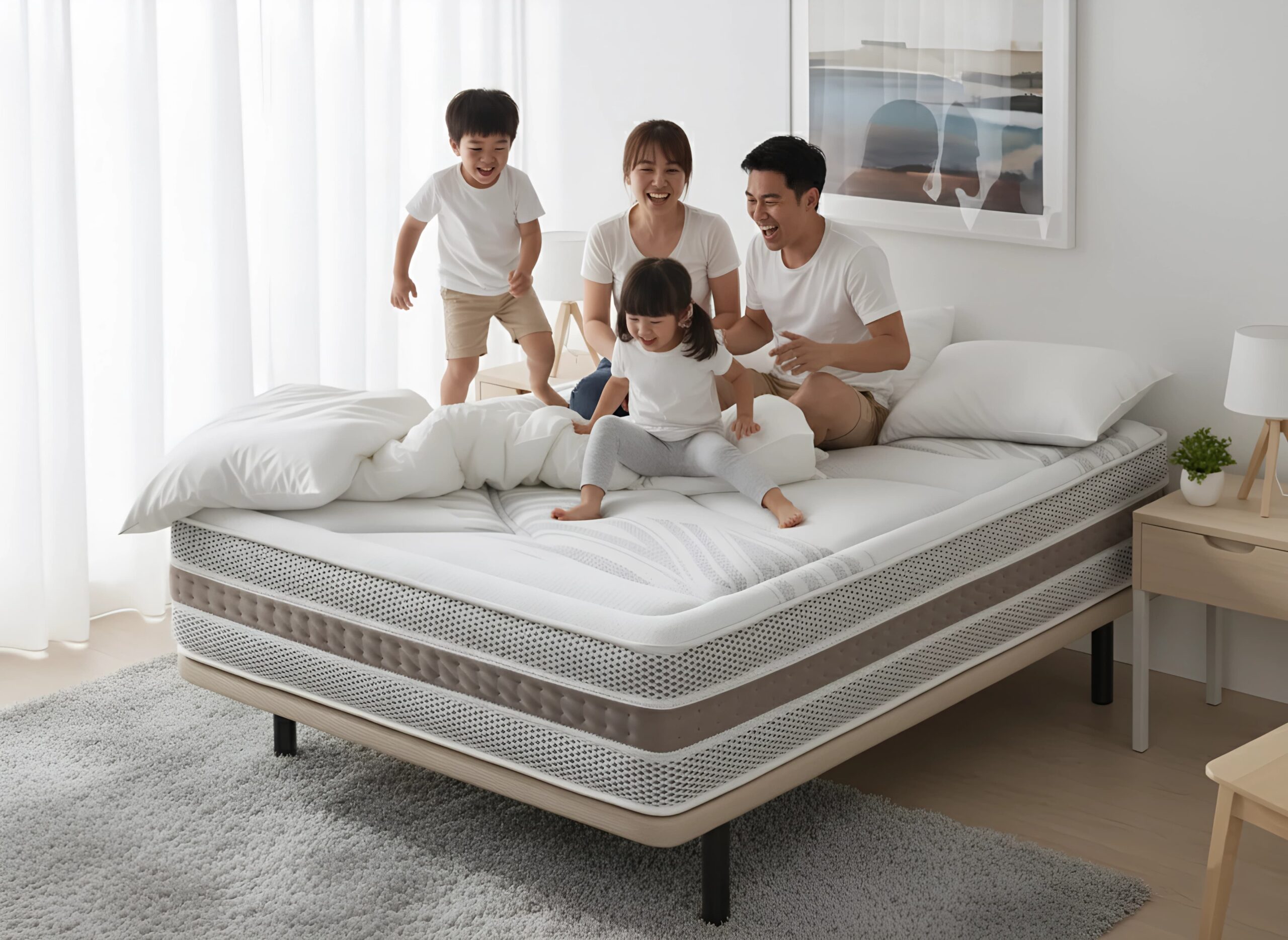 Familia feliz y cómoda jugando sobre el colchón viscoelástico Moisury, ideal para el confort y la vida familiar.