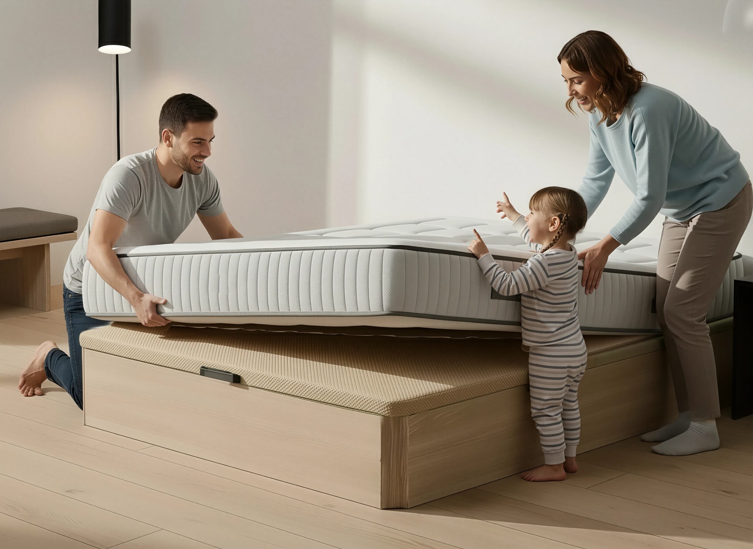 Familia colaborando y sonriendo mientras monta el nuevo pack de colchón Aissa y canapé de madera Moisury en su dormitorio.