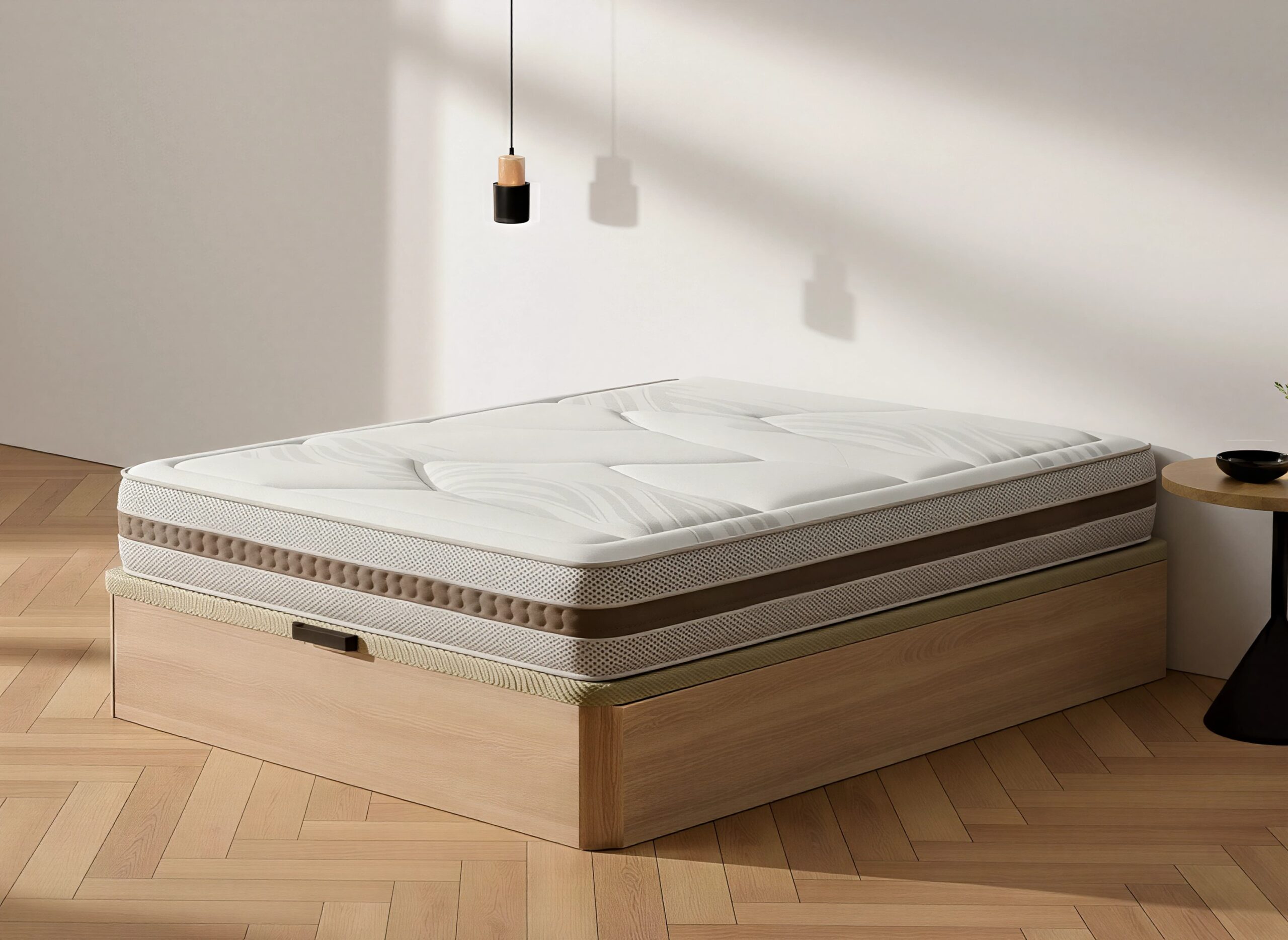 Pack de descanso completo con Colchón Moisury para alivio de espalda y Canapé de Madera en un dormitorio acogedor.