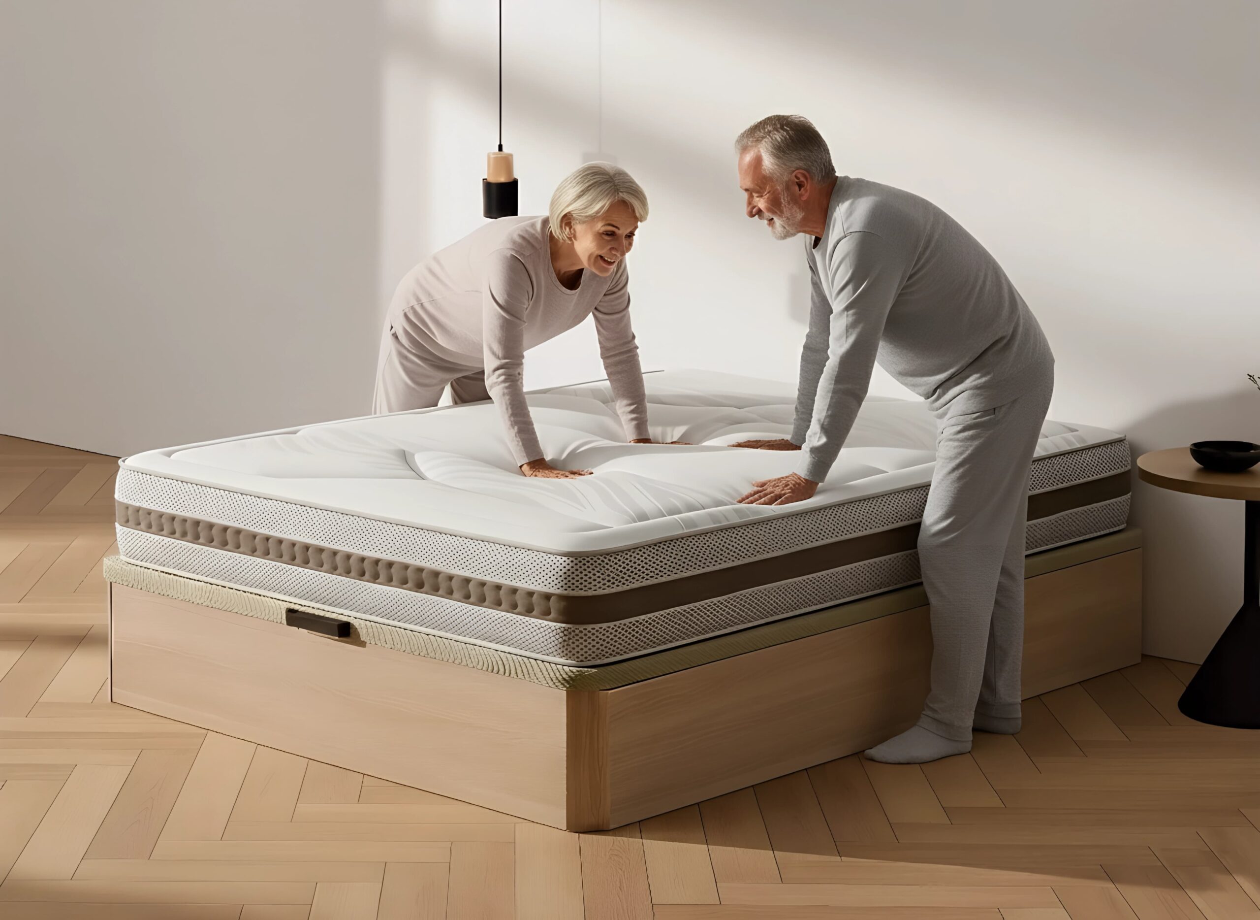 Pareja de personas mayores examinando la calidad y el confort del Colchón Moisury de su nuevo pack con canapé de madera.