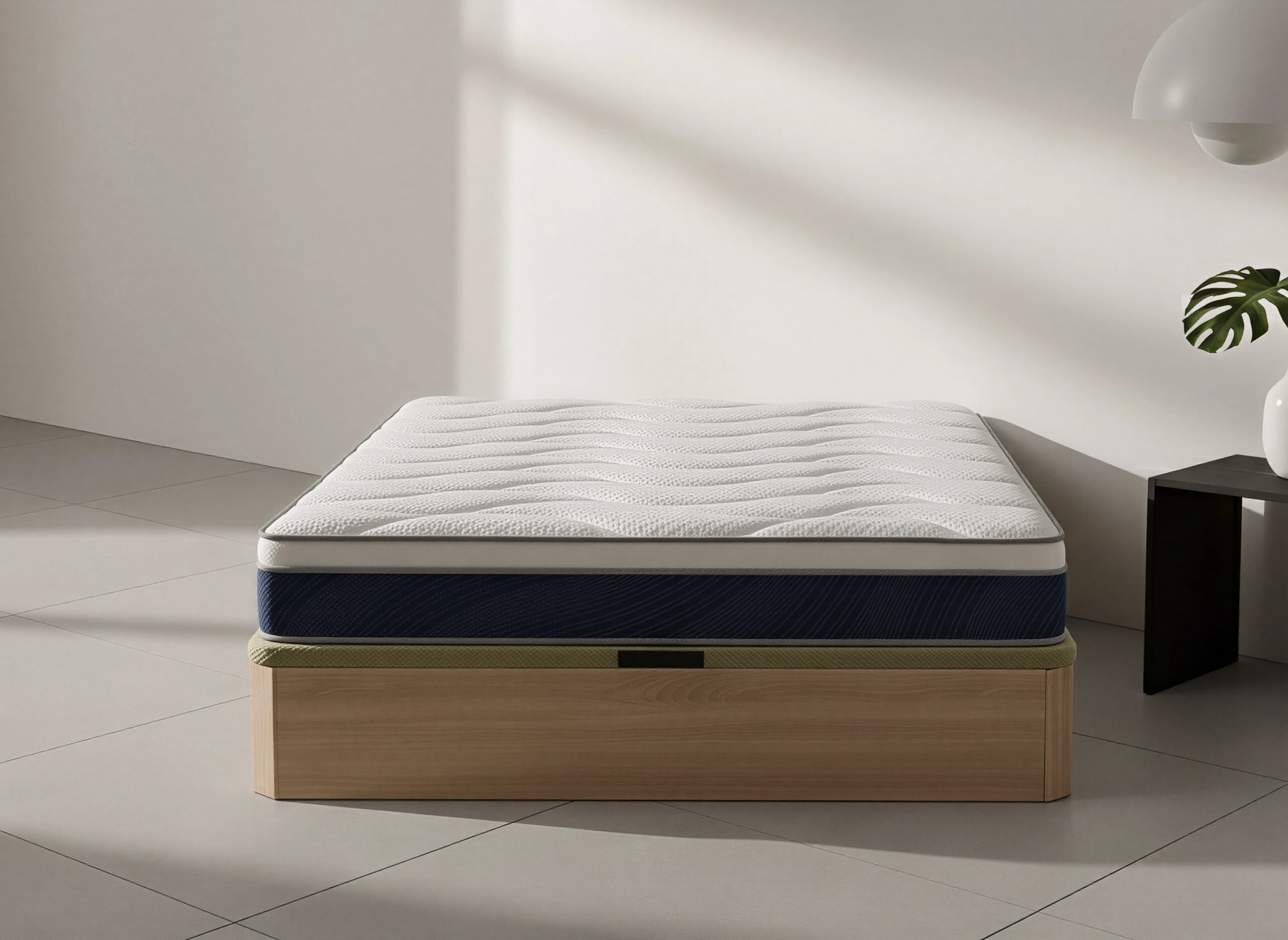 Vista frontal del pack Colchón Ocean y Canapé de Madera, mostrando su diseño robusto y acabados de calidad.