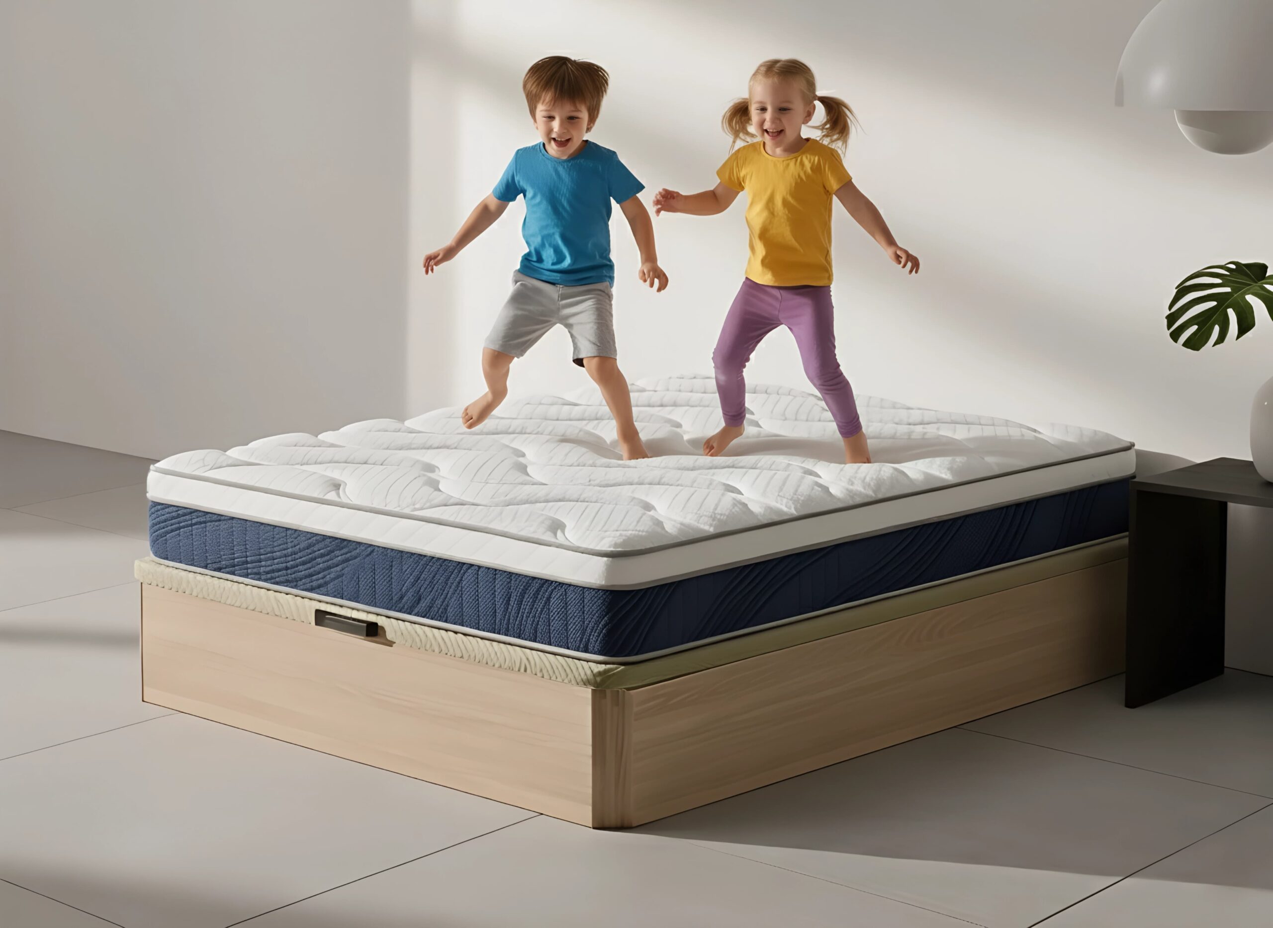 Dos niños felices saltando sobre el resistente Colchón Ocean y Canapé de Madera de Moisury, demostrando su durabilidad.