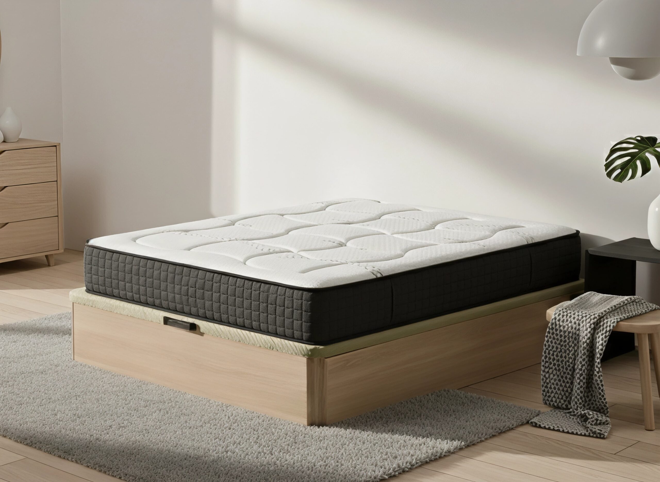 Pack completo EcoGrafeno de Moisury con colchón de grafeno y canapé de madera en un dormitorio moderno.