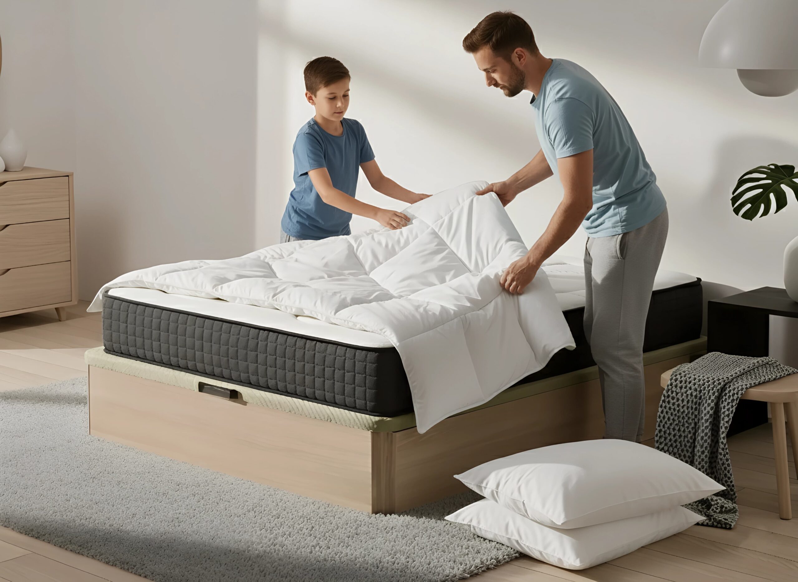 Familia sonriendo mientras hace la cama del Pack EcoGrafeno de Moisury, una solución práctica y completa para el hogar.
